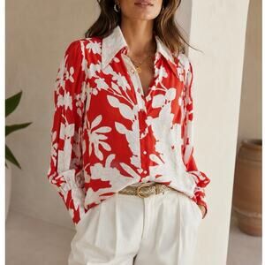 Figue Floral Button Down Long Sleeve Shirt Red Sz 2 Maximalist